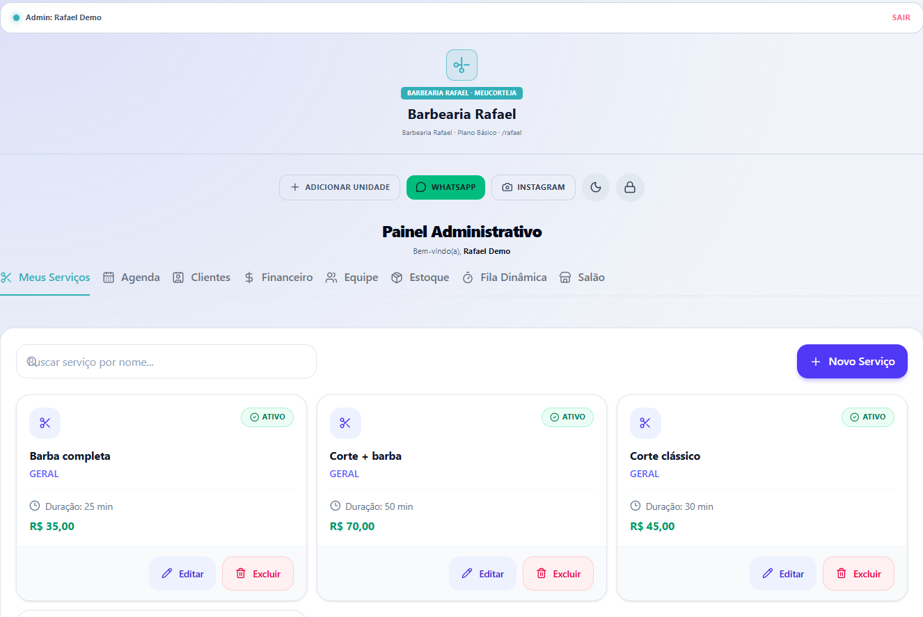 Dashboard do painel administrativo do MeuCorteJá